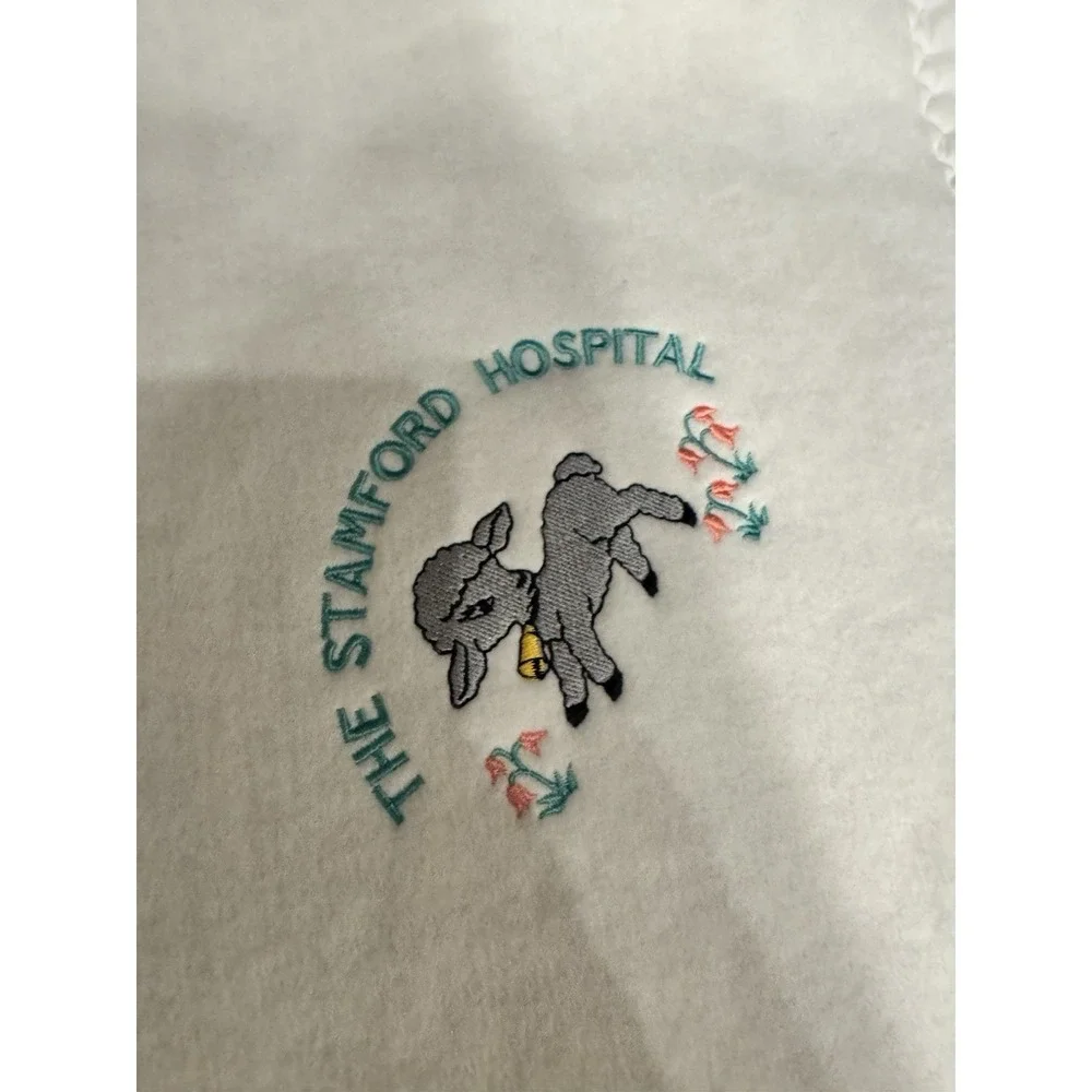 Vintage Stamford Hospital Satin Acrylic White Baby Blanket Embroidered Lamb CT